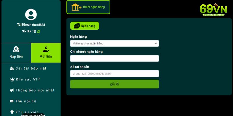 Form thêm thông tin ngân hàng để rút tiền 69vn